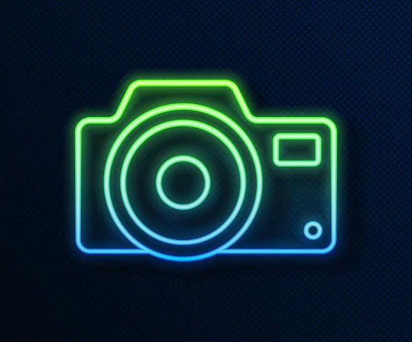 ネオンラインの輝き青の背景に隔離された写真カメラのアイコン カメラのアイコン ベクトル — ストックベクタ
