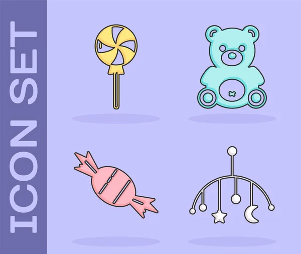 Set Baby crib hanging toys, Lollipop, Candy and Teddy bear plush toy icon. Vector.