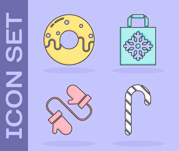 Set Canne Bonbons Noël Avec Rayures Donut Avec Glaçure Douce — Image vectorielle