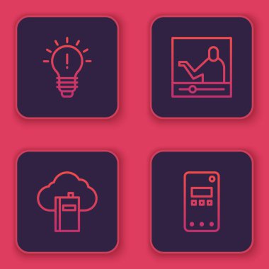 Fikir, Bulut veya çevrimiçi kütüphane, Çevrimiçi eğitim ve cep telefonu kavramına sahip çizgi ampulü kur. Mavi kare düğme. Vektör.