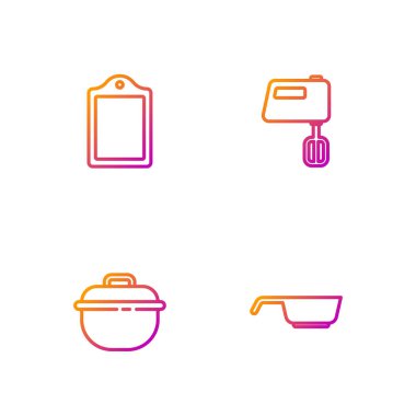 Hattı kurun, kızartma tavası, kesme tahtası ve elektrikli mikser. Renk simgeleri. Vektör.