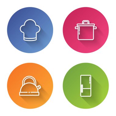 Şef şapkası, tencere, tutacağı ve buzdolabı olan çaydanlık. Renkli daire düğmesi. Vektör.