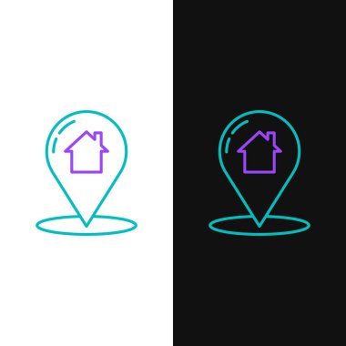 Beyaz ve siyah arkaplanda ev simgesi olan çizgi haritası işaretçisi. Ev konumu belirleyici sembol. Renkli taslak konsepti. Vektör.