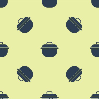 Mavi tencere ikonu sarı arka planda izole edilmiş pürüzsüz desen. Haşlama ya da güveç besin sembolü. Vektör.