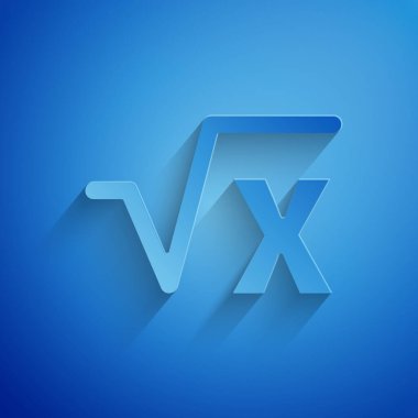 Kağıt kesiği, mavi arkaplanda izole edilmiş x sembolünün kare kökü. Matematiksel ifade. Kağıt sanatı tarzı. Vektör.