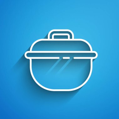 Beyaz çizgili tencere ikonu mavi arka planda izole edildi. Haşlama ya da güveç besin sembolü. Uzun gölge. Vektör.
