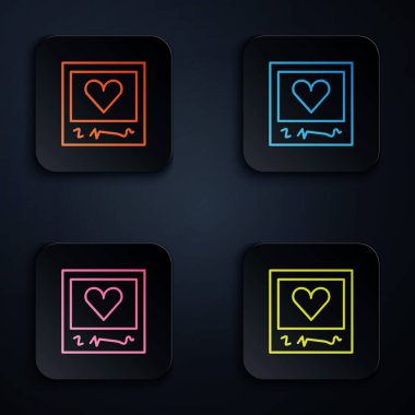 Renkli neon çizgisi. Siyah arkaplanda boş fotoğraf çerçeveleri ve kalp simgesi var. Sevgililer Günü sembolü. Kare düğmelere simgeleri yerleştir. Vektör.