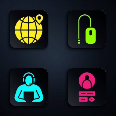 Dünya üzerinde hesap ekranı, konumu, öğrenci ve bilgisayar faresi oluştur. Siyah kare düğme. Vektör.