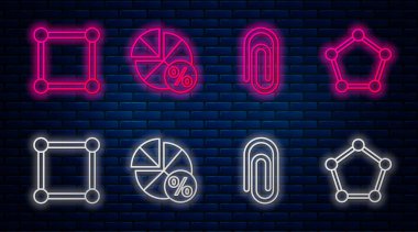 Çizgi denklem çözeltisi, kelime matematiği ile kitap, diyagramı ve geometrik şekli olan çarşaf. Tuğla duvarda parlayan neon simgesi. Vektör.