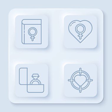 Kadınlarla ilgili satır kitabı, kalben kadın cinsiyeti, nişan yüzüğü ve hedefin merkezinde kalp. Beyaz kare düğme. Vektör.