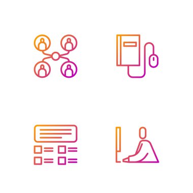 Dizüstü bilgisayarda, çevrimiçi sınav, test, inceleme, sınıf ve elektronik kitaplarda çalışan öğrenciyi fareyle ayarla. Renk simgeleri. Vektör.