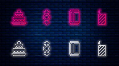 Hattı ayarla Candy, bira kutusu, kek ve havai fişek roketi. Tuğla duvarda parlayan neon simgesi. Vektör.