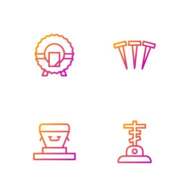 Mezar hattını haçla, tabutla, çelenkle ve metal çivilerle çiz. Renk simgeleri. Vektör.