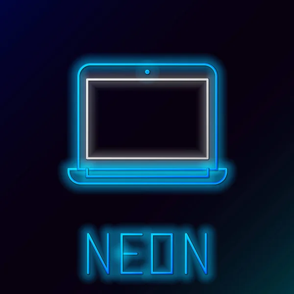 Glödande Neon Linje Laptop Ikon Isolerad Svart Bakgrund Dator Anteckningsbok — Stock vektor