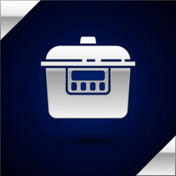 Silver Slow Cooker Icon Isolated Dark Blue Background Electric Pan — Stock Vector