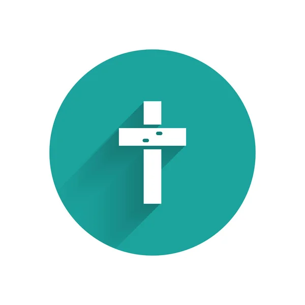 長い影で隔離された白いキリスト教徒の十字のアイコン 教会の十字架 緑色の丸ボタン ベクトル — ストックベクタ