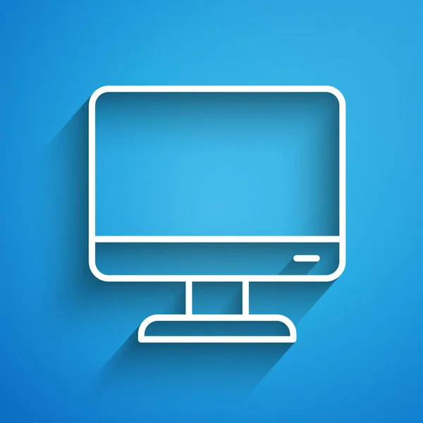 Biała Linia Ikona Ekranu Komputera Odizolowana Niebieskim Tle Urządzenie Elektroniczne — Wektor stockowy