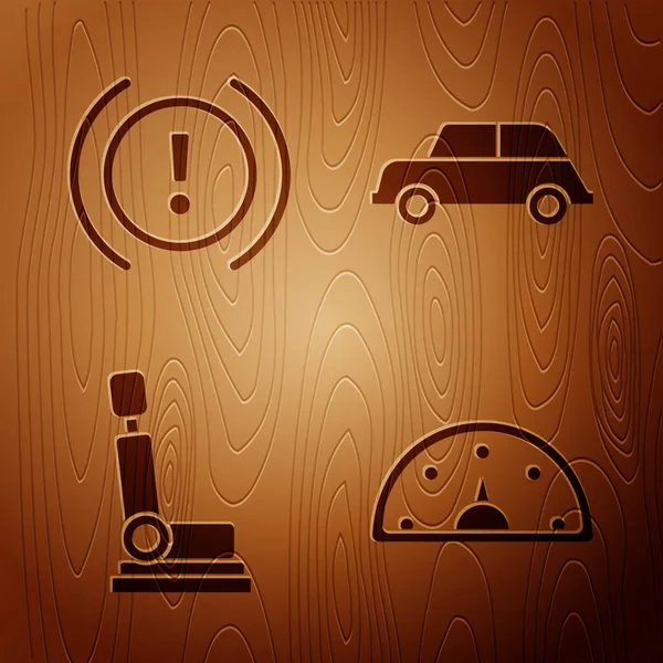 Set Speedometer, Brake system warning, Car seat and Car on wooden background. Vector.