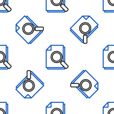 Arama simgesine sahip satır belgesi beyaz arkaplanda izole edilmiş kusursuz desen. Dosya ve büyüteç simgesi. Analitik araştırma işareti. Renkli taslak konsepti. Vektör.