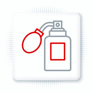 Beyaz arka planda izole edilmiş atom ikonu olan çizgi traş losyonu şişesi. Parfüm spreyi ikonu. Erkek parfüm şişesi. Renkli taslak konsepti. Vektör.