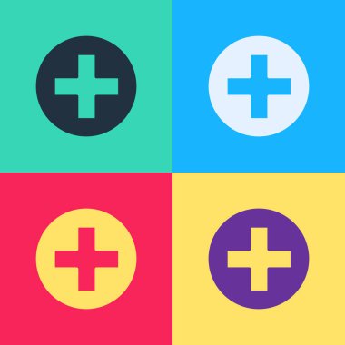 Pop Art Cross hastanesi tıbbi ikonu, renkli arka planda izole edilmiş. İlk yardım. Teşhis sembolü. İlaç ve eczane işareti. Vektör İllüstrasyonu.