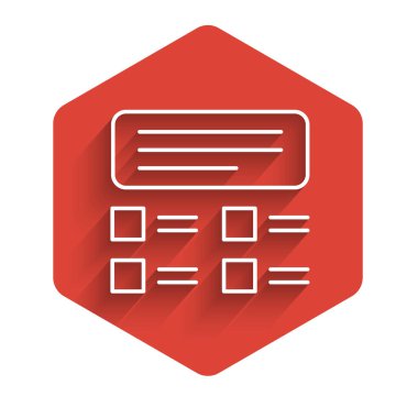 Beyaz çizgi Online quiz, test, araştırma ya da kontrol listesi simgesi uzun gölgeli. Sınav listesi. E-eğitim konsepti. Kırmızı altıgen düğmesi. Vektör İllüstrasyonu.