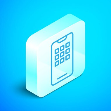 Isometric hattı Smartphone, cep telefonu simgesi mavi arkaplanda izole edilmiş. Gümüş kare düğme. Vektör İllüstrasyonu.