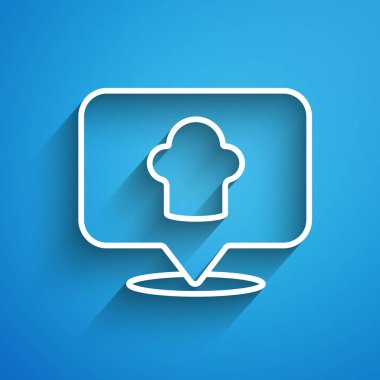 Mavi arka planda konum simgesi olan beyaz çizgi şefi şapkası. Aşçılık sembolü. Aşçı şapkası. Uzun gölge. Vektör.