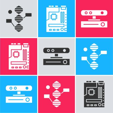 DNA sembolünü, ana kart ve hareket sensör simgesini ayarla. Vektör.