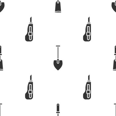 Makas bıçağı, kürek ve kırtasiye bıçağını kusursuz desene ayarlayın. Vektör.