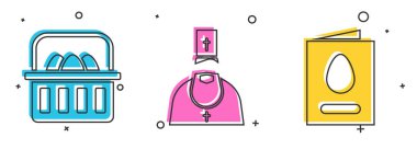 Paskalya yumurtalı sepet, rahip ve mutlu paskalya ikonlu tebrik kartı hazırla. Vektör.