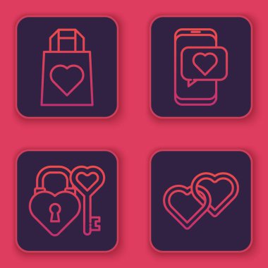 Kalp, Kale ve anahtar şeklinde bir alışveriş çantası, Online flört uygulaması ve sohbet ve İki Bağlı Kalp. Mavi kare düğme. Vektör.