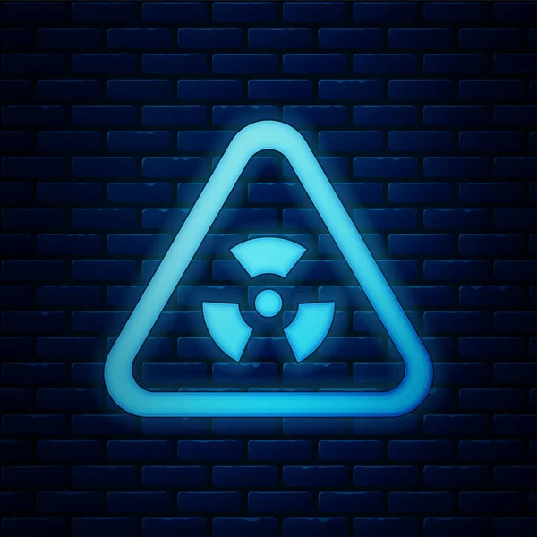 Glowing Neon Triangle Sign Radiation Symbol Icon Isolated Brick Wall — Stock Vector