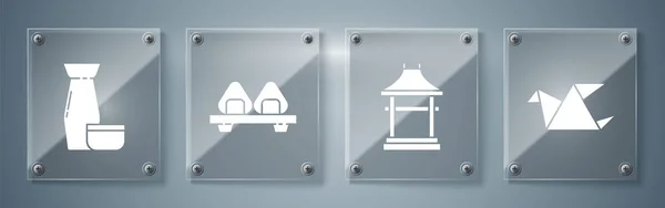 Set Origami Bird Japan Gate Sushi Sur Planche Découper Cérémonie — Image vectorielle