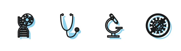 Set Line Microscope Dna Symbol Virus Stethoscope Stop Icon Vector — Stock Vector