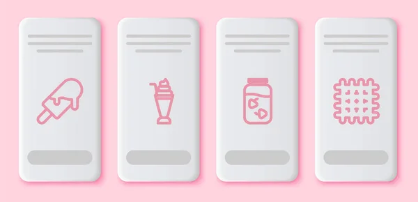 设置系列冰淇淋 草莓果酱罐和饼干 白色矩形按钮 — 图库矢量图片