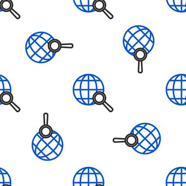 Küre simgesine sahip çizgi büyüteç beyaz arka planda izole edilmiş pürüzsüz desen. Dünyayı analiz ediyorum. Küresel arama işareti. Renkli taslak konsepti. Vektör.