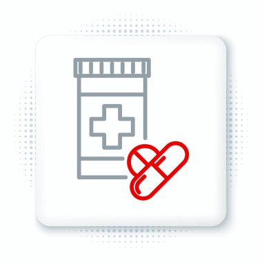 Hat ilacı şişesi ve beyaz arka planda izole edilmiş hap ikonu. Şişe hapı işareti. Eczane tasarımı. Renkli taslak konsepti. Vektör.