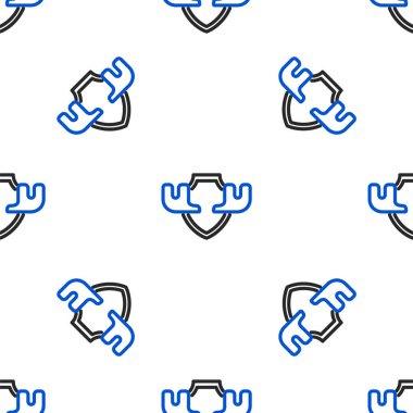 Geyik boynuzları kalkan simgesinde izole edilmiş beyaz arkaplanda pürüzsüz desen. Duvarda av kupası. Renkli taslak konsepti. Vektör.