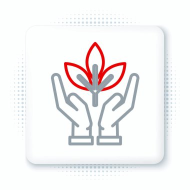 Çevre koruma ikonunun elinde bulunan Hat Tesisi beyaz arka planda izole edildi. Tohum ve tohum. Fidan dikiyorum. Ekoloji konsepti. Renkli taslak konsepti. Vektör.