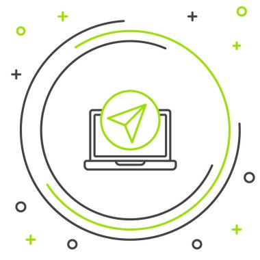 Şehir haritası gezinme simgesinin çizgi bilgileri beyaz arkaplanda izole edildi. Laptop Uygulama Arayüzü tasarımı. Yer belirleme konsepti. Renkli taslak konsepti. Vektör.