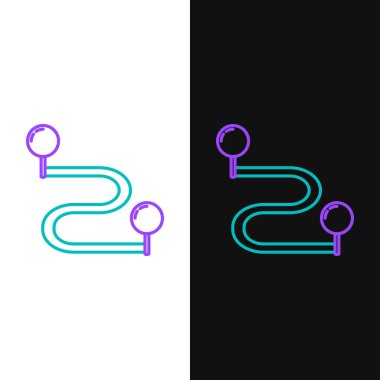 Çizgi Yolu konum simgesi beyaz ve siyah arkaplanda izole edildi. Harita işaretçisi işareti. Yol ya da yol kavramı. GPS navigatörü. Renkli taslak konsepti. Vektör.