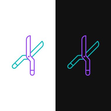 Beyaz ve siyah arkaplanda izole edilmiş simgeyi budamak için el yapımı makas. Ahşap saplı budama makası. Renkli taslak konsepti. Vektör.