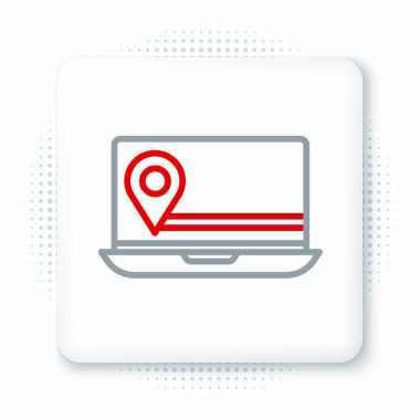 Beyaz arkaplanda konum imleci simgesine sahip dizüstü bilgisayar. Renkli taslak konsepti. Vektör.