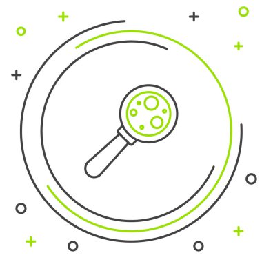 Büyüteç simgesi altındaki çizgi mikroorganizmaları beyaz arkaplanda izole edildi. Bakteri ve mikroplar, hücre kanseri, mikrop, virüs, mantar. Renkli taslak konsepti. Vektör.