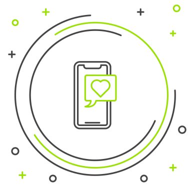 Kalp emojisi konuşma baloncuklu çizgi akıllı telefonu beyaz arkaplanda izole edilmiş ekran simgesine mesaj gönder. Sevgililer Günü. Renkli taslak konsepti. Vektör.