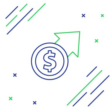 Beyaz arka planda izole edilmiş çizgi finansal büyüme ve madeni para ikonu. Gelirleri arttırıyorum. Renkli taslak konsepti. Vektör.