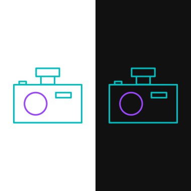 Çizgi fotoğraf makinesi simgesi beyaz ve siyah arkaplanda izole edildi. Fotoğraf makinesi simgesi. Renkli taslak konsepti. Vektör.