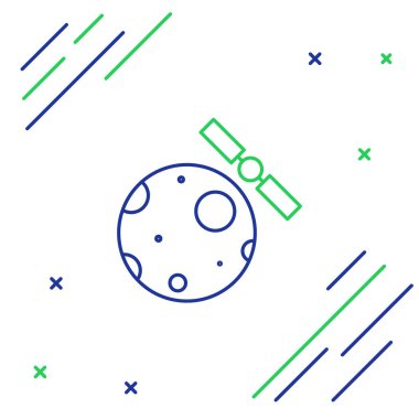 Dünya 'nın yörüngesindeki çizgi yapay uyduları beyaz arka planda izole edilmiş dış uzay ikonunda. İletişim, navigasyon konsepti. Renkli taslak konsepti. Vektör.