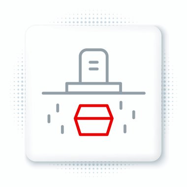 Mezar taşı ve tabut ikonu beyaz arka planda izole edilmiş. Renkli taslak konsepti. Vektör.